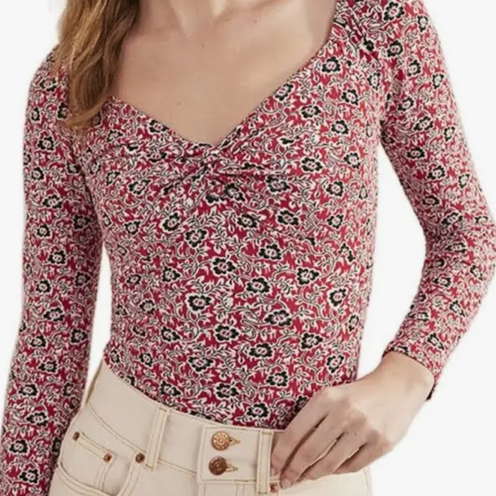 Boden Red and Black Floral Cotton Sweetheart Neckline Blouse